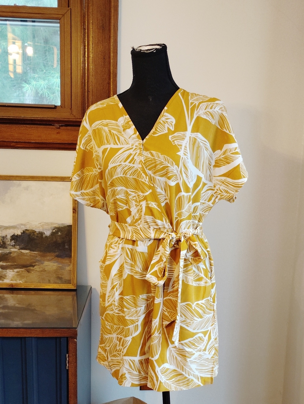 Mustard Leaf-Print V-Neck Tie-Waist Jumpsuit